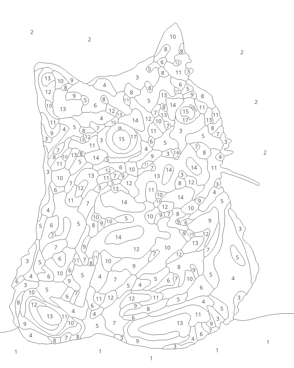 Sabi the cat as a Beginner kit: the numbered template, about 202 shapes